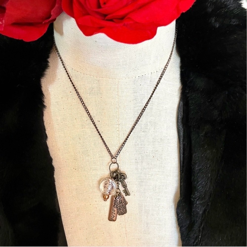Unique bronze necklace key and charm details clear glass bead and 'breathe' tag. - Picture 12 of 15